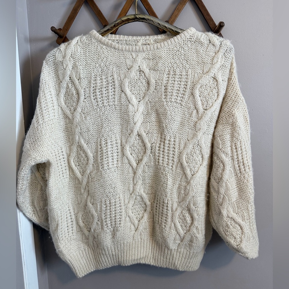 Vintage Cream Cable Knit Fisherman Sweater Oversized Wool Blend Slouchy M/L